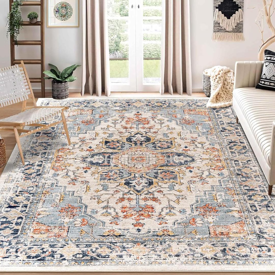 Enkor Area Soft Rugs 9x12 Washable Non Slip Floor Boho Rugs for Living Room Bedroom, Vintage Style Farmhouse Mat for Kitchen Entryway Orange & Black