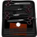 Professional Dog Grooming Scissors 4-Piece Set - Straight, Thinning, Curved Shears for Pets with Non-Slip Handles, Sharp Convex Blades & Travel Case (Black)