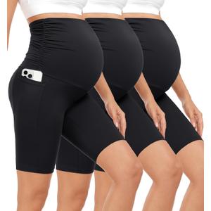 3 Pack Maternity Shorts Over The Belly Pregnancy Biker Shorts Workout Yoga Active Pregnant Pants Pajama with Pockets (Small, Black/Black/Black)