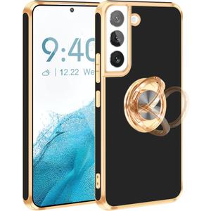 Fingic Compatible with Samsung Galaxy S22 Case with Ring Stand, [360 Rotatable Ring Holder Magnetic Kickstand][Shiny Plating Gold Edge] Slim Soft TPU Shockproof Protective Case for Women Men, Black