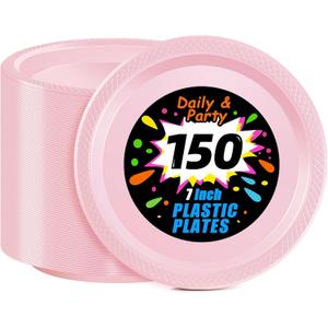 WELLIFE Pink Party Plates 7 Inch -150 Count, Disposable Plastic Light Pink Dessert Plates for Valentine's Day Party Cake Easter Mother's Day Baby Shower Appetizer