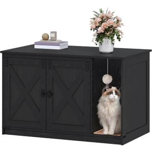 Hzuaneri Cat Litter Box Enclosure, Hidden Litter Box Cabinet Furniture with Bell, Indoor Cats House, Farmhouse Style, 39.4 x 21.7X 24.8 Inches for Hallway, Bedroom, Black CB85204X