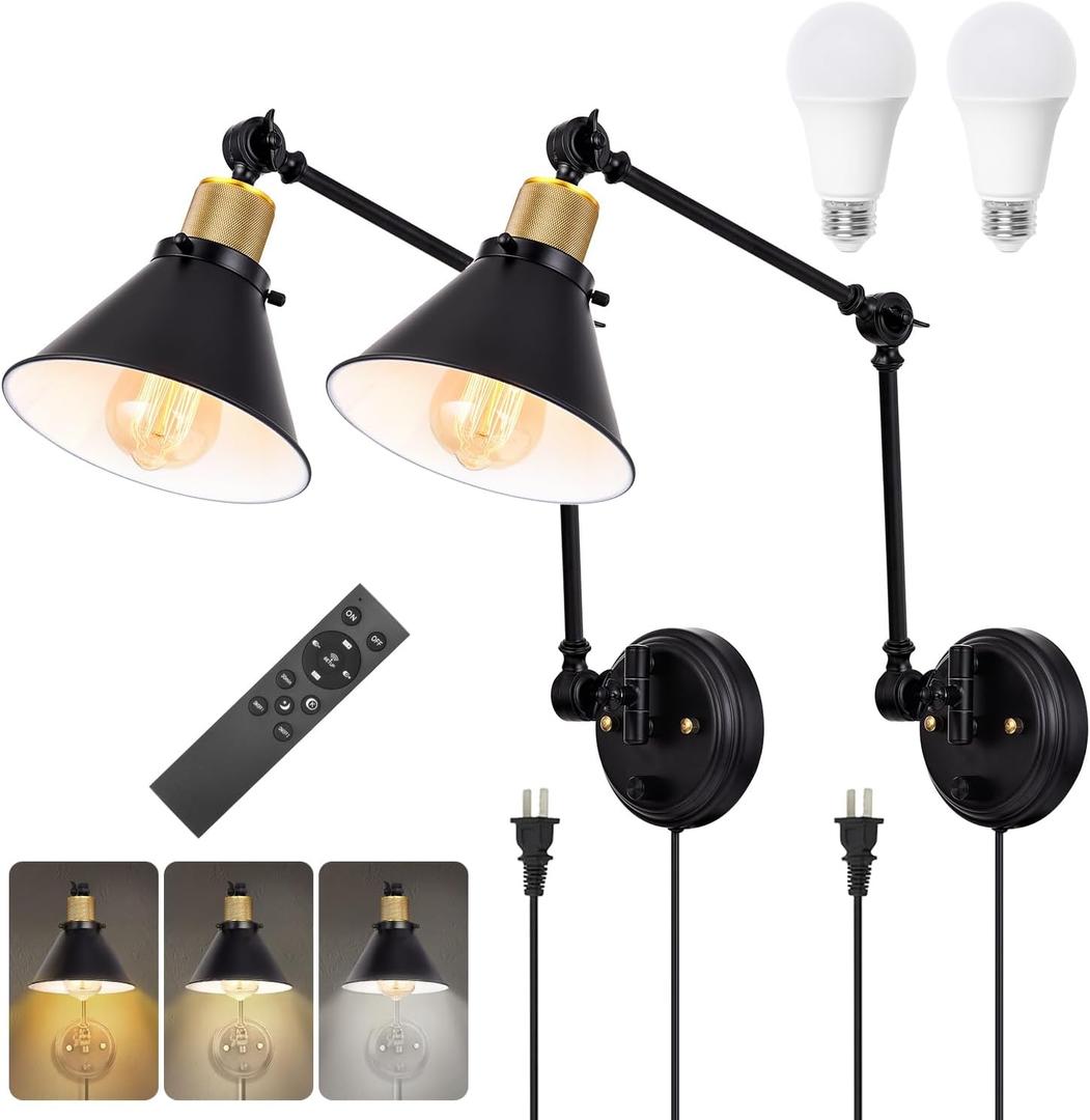 TRLIFE Dimmable Wall Sconce, Remote Control Plug in Wall Sconces Dimming 10%-100% and Adjustable Color Temperature 2700K-6000K, Swing Arm Wall Lights with Plug in Cord, UL Listed(2 Pack, 2 Bulbs) (2 Pack- (Remote+Bulbs), Black)