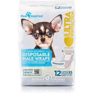 Paw Inspired Disposable Male Dog Wraps, Belly Band for Dogs | Disposable Dog Diapers | Belly Bands for Male Dogs (12 Count, X-Small)