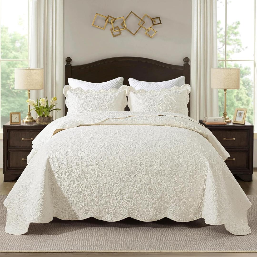 HoneiLife Quilt Sets King Size - Microfiber Bedspreads for King Bed, 3-Piece Lightweight Coverlets, Retro Bedlinen Sets, King Quilt Bedding Set All Season Use-Beige, King-106"x96"