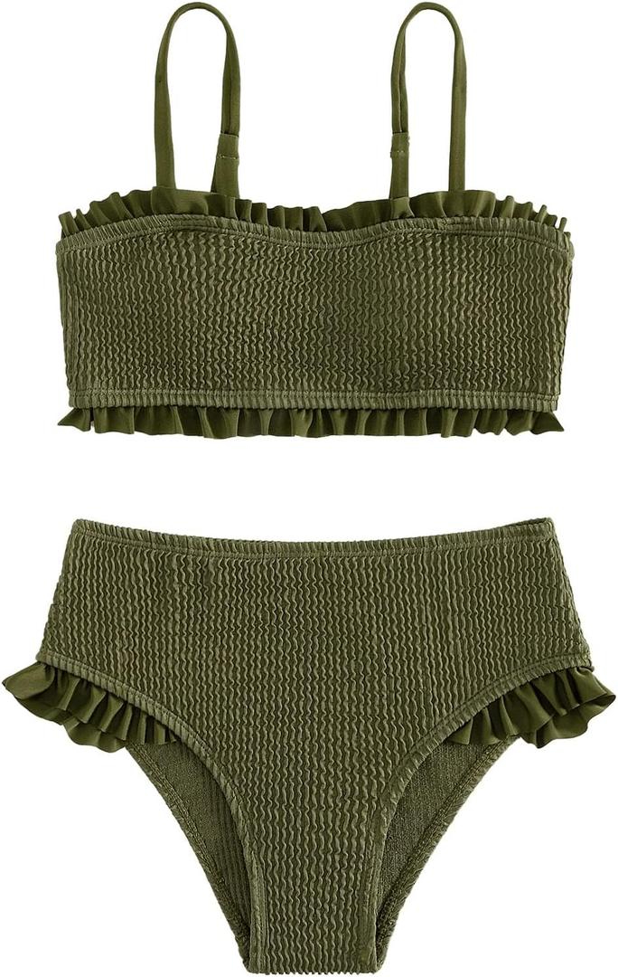 SOLY HUX Girl's Smocked Frill Trim Bikini Set Bathing Suits 2 Piece Swimsuit (Army Green)