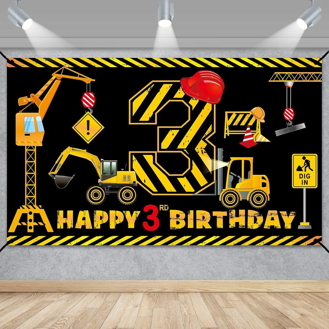3rd Birthday Decorations for Boys, Excavator Dump Truck Theme Third Birthday Banner Decorations Digger 3 Year Old Bday Banner Backdrop Party Supplies Sign