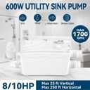 600W Utility Sink Pump with PCB Function Upgrade Structure Upflush to 25FT 1700GPH Under Sink Pump with 3 Water Inlets 1 Outlet Macerating Toilet System for Sink Shower Urinal Kitchen Basement
