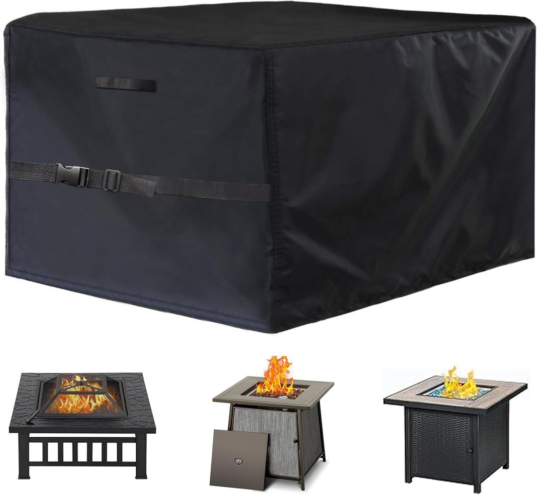 Square Fire Pit Cover 17x17x20 Inch - Heavy-Duty Taped Seam Waterproof, Windproof Drawstring & Buckle Strap, Black