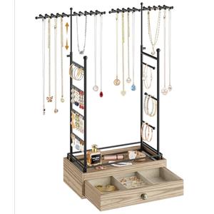 MODOWEY Metal Jewelry Holder Organizer Stand for Earring Bracelet Ring, Necklace Display Tree with Wood Drawer, Extra Large Storage Rack for Women Men, Tall Hanger Tower for Dresser Space-Saving Oak