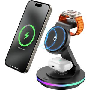 Facbiny 3 in 1 Wireless Charging Station for Multiple Devices, Rotatable & Foldable Magsafe Charger Stand with Night Light & 20W Adapter for iPhone 16/15/14/13/12 Series, Apple Watch 2 to 9, AirPods