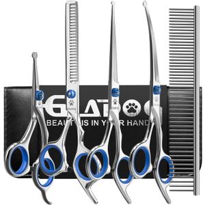 Dog Grooming Scissors Kit with Safety Round Tips, GLADOG Professional 6 in 1 Grooming Scissors for Dogs, Sharp and Heavy-duty Dog Grooming Shears for Dogs Cats Pets
