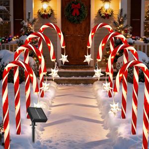 Christmas Decorations Outdoor, 10 Pcs Candy Cane Lights, Solar Pathway Lights with 8 Lighting Modes,100 Led Lights, Waterproof Garden Lights for Christmas Patio Yard Walkway Decorations