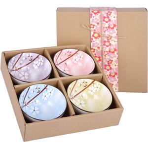 VanEnjoy Set of 4 Japanese Style Ceramic Rice Bowl with Gift Box,Assorted Phum Colors Flowers Pattern Bowls Set,Underglazed Dinnerware,For Dessert Snack Cereal Soup