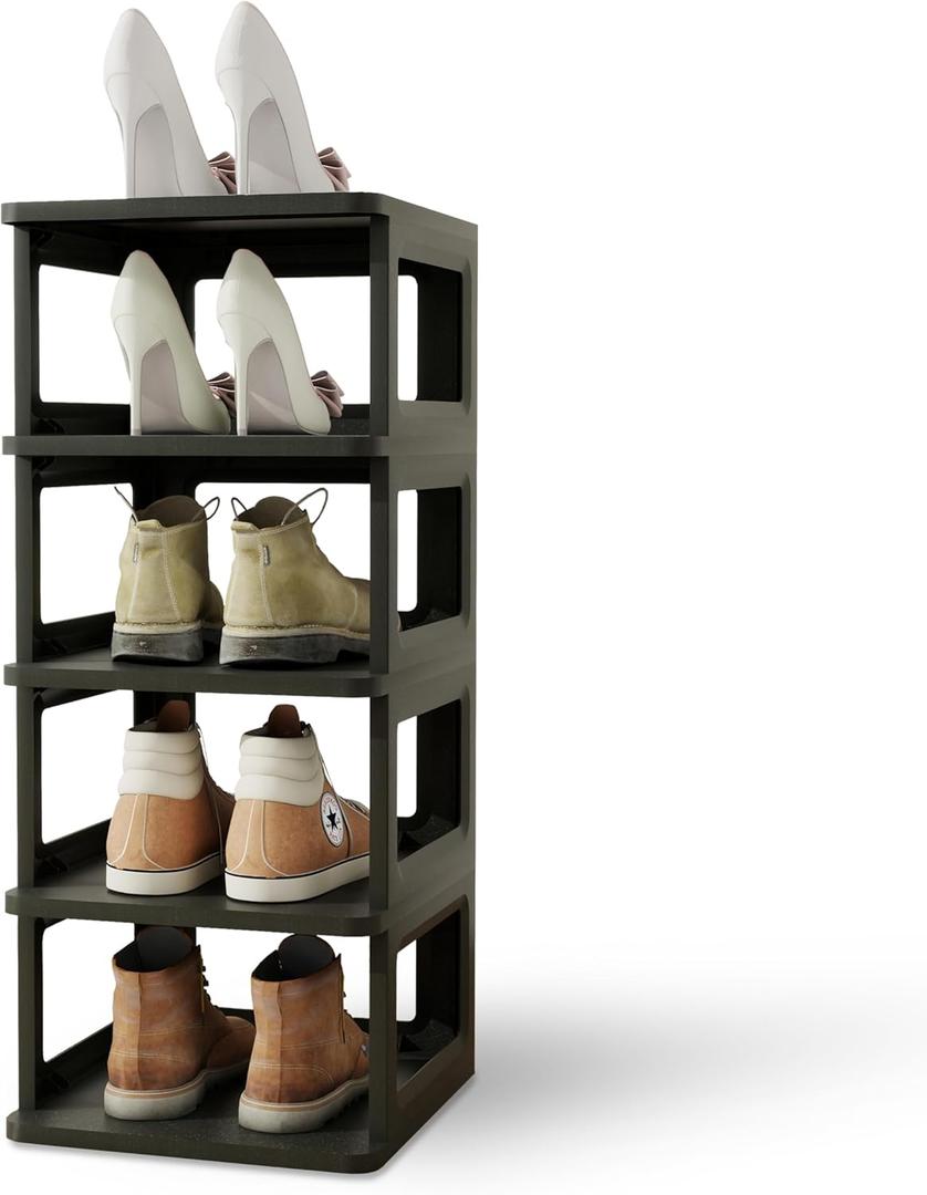 SEE SPRING 5Tier Stackable Shoe Rack Organizer – Plastic Shoe Storage Shelf for Entryway, Closet, Bedroom – Holds Size 13 Shoes, SpaceSaving & Sturdy (Black)