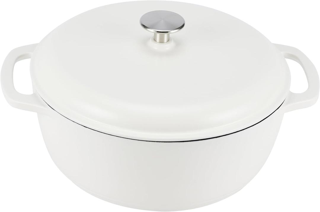 Amazon Basics Enameled Cast Iron Dutch Oven Pot with Lid, Round, Dual Handles, Heavy-Duty, Oven Safe for Stews, Roasting, Baking, 7.3-Quart, Matte White