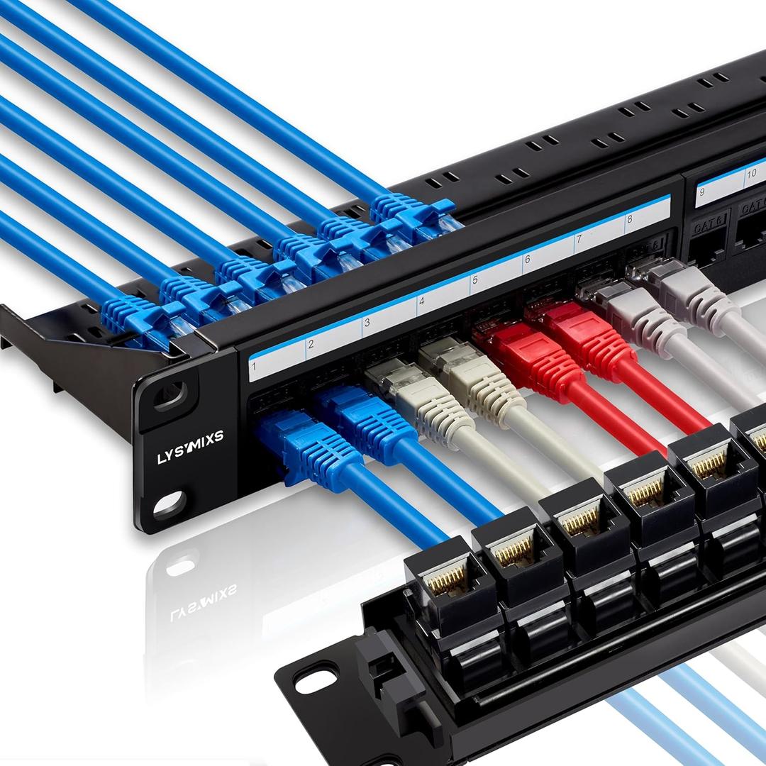 24 Port RJ45 Patch Panel Cat6 Feed Through, Coupler Network Panel 19 Inch, Inline Keystone Ethernet Patch Panel with Back Bar (Black)