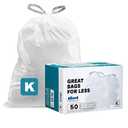 Plasticplace Custom Fit Trash Bags, Compatible with simplehuman Code K (50 Count) White Drawstring Garbage Liners 10 Gallon / 38 Liters 24" x 28"