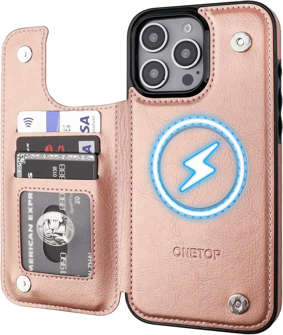 ONETOP Compatible with Magsafe for iPhone 16 Pro Max Wallet Case with Card Holder, PU Leather Kickstand RFID Blocking Case, Double Magnetic Clasp and Durable Shockproof Cover 6.9 Inch (Rose Gold)