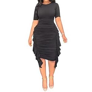Hoefirm Women's Sexy Midi Dress Casual Crew Neck Short Sleeve Ruched Bodycon Summer Dresses for Party Club Cocktail (Small, Green)