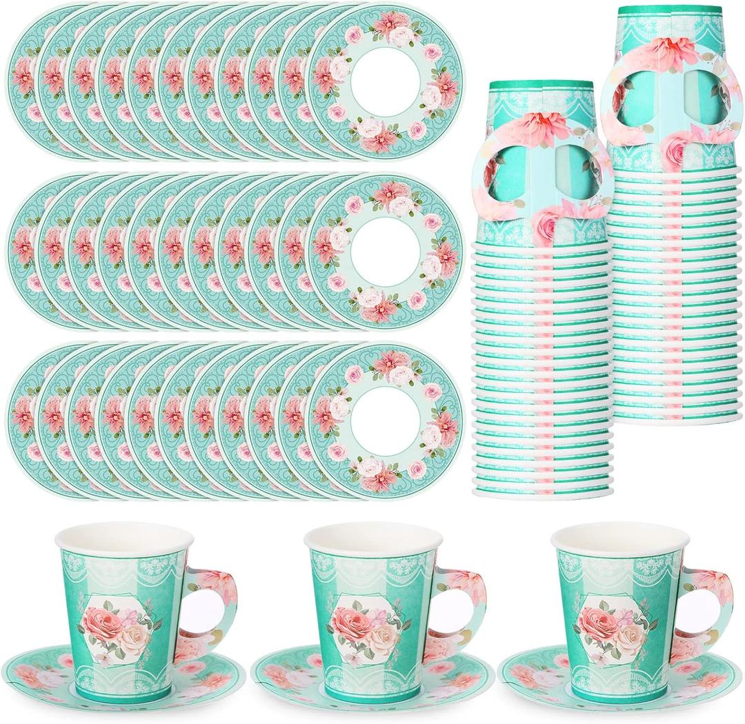 Zopeal 100 Pcs Disposable Tea Party Decorations 9 oz Floral Paper Cup with Handle and Saucer Set for Mother Day Wedding Birthday Spring Princess Blossom Party Baby Shower Supplies(Light Blue)