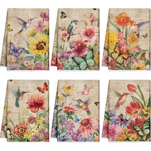 Patelai 6 Pcs Vintage Flowers Kitchen Towels Butterfly Hummingbirds Spring Dish Hand Towels Summer Bird Absorbent Washcloth for Farmhouse Rustic Kitchen Cooking Home Housewarming Gifts 21.26 x 14.17'' (Bright Color)