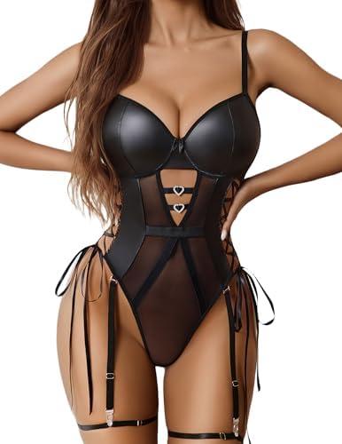 Avidlove Sexy Lingerie for Women Leather Teddy Lingerie Mesh Bodysuit Garter Belt, XL