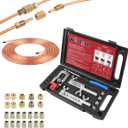 Wostore 25 FT 3/16" Brake Line Flare with 24 Brass Fittings & Double/Single Flaring Tool Kit for Single, Double (SAE) Flares & Bubble (ISO) Flares with Tubing Cutter Pipe Reamer for 3/16-5/8" 7 Sizes
