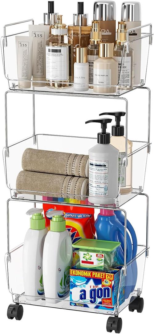 Delamu 3 Tier Rolling Cart for Kitchen, Bathroom, Office, Acrylic Utility Storage Carts with 2 Lockable Wheels, Ideal for Small Spaces, Pantry, Classroom, Makeup Organizer, Dorm Storage, Clear