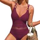 Charmo Crochet One Piece Swimsuits for Women V Neck Strappy Bathing Suit Hollow Out Monokini Swimwear (X-Large, 3c#wine Red)
