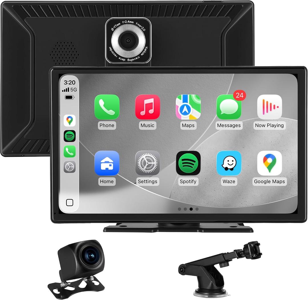 9'' Wireless CarPlay Screen for Car, Apple Car Play & Android Auto Car Stereo HD Touchscreen with 4K Dash Cam & 1080P Backup Camera, GPS Navigation & Mirror Link, for Most Vehicles