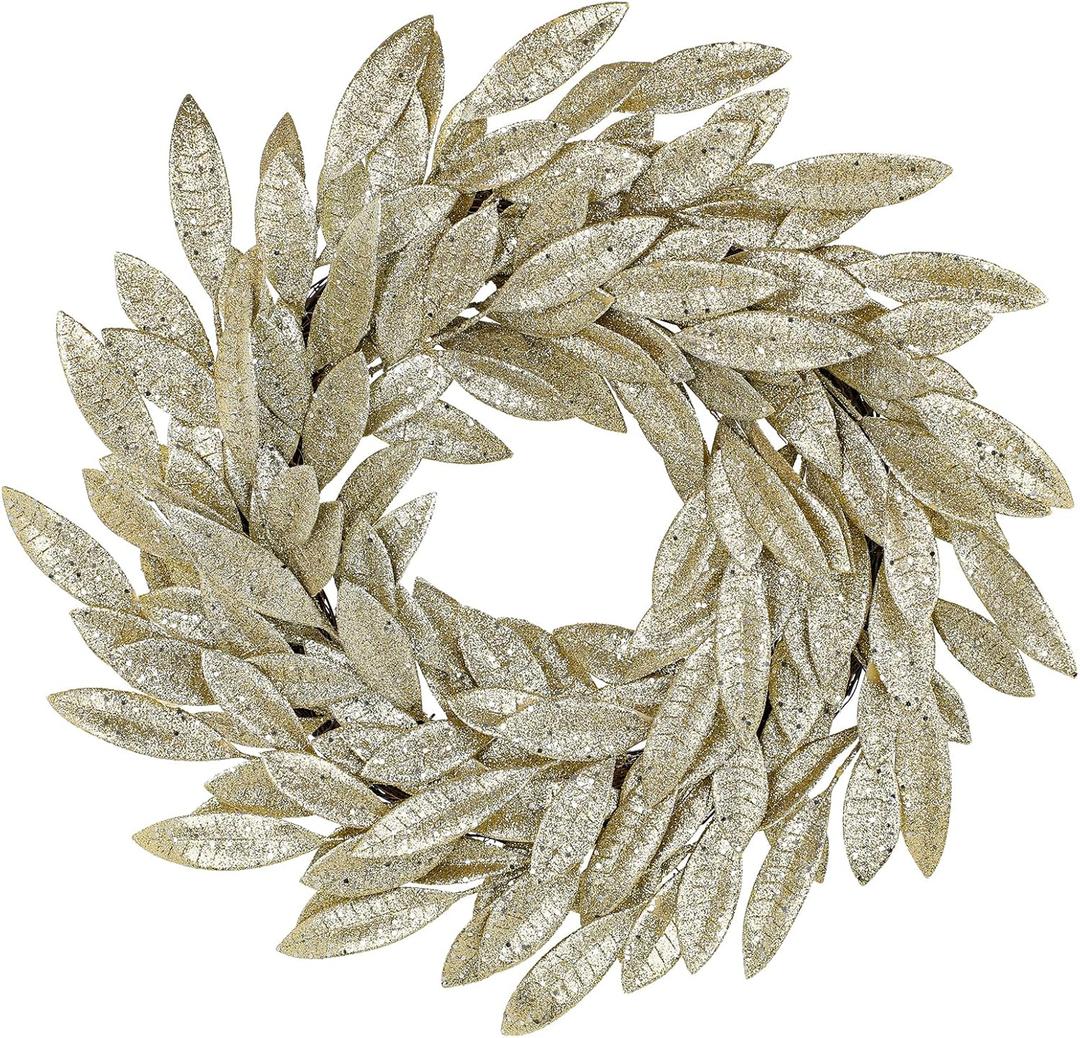Gold Christmas Wreath 1820 Inch Artificial Glitter Christmas Wreath Golden Bay Leaves Wreaths Holiday Gold Laurel Leaves Decor for Front Door Wall Mantle Xmas Party Holiday Decoration - Champagne