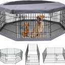 PETIME Foldable Metal Dog Exercise Pen/Pet Puppy Playpen Kennels Yard Fence Indoor/Outdoor 8 Panel 24" W with Top Cover and Bottom Pad (Playpen+Bottom+Top Cover, 8 Panels 24" H)