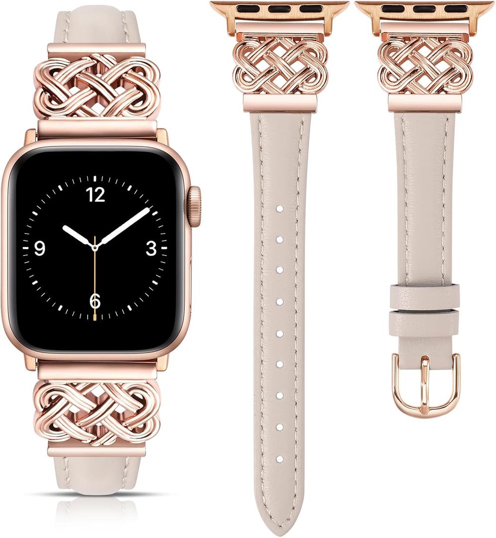TOYOUTHS Compatible with Apple Watch Bands Women 38/40/41/42mm Dressy Slim Leather Strap with Celtic Knot Interlock Buckle Bracelet for iWatch Series 11 10 9 8 7 6 5 4 SE 3 2 1, Starlight/Rose Gold