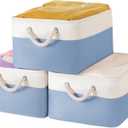 Storage Bins with Sturdy Cotton Handles(3 Pack), Fabric Storage Baskets for Organizing use for Office & Home, Book, Clothes, Toys, Closet Boxes (Medium, Blue-White, 14.2x10.2x7.1 inches)