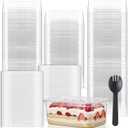 Tanlade 100 Pack 9oz Clear Dessert Cups with Lids and Sporks Rectangle Plastic Cups Disposable Parfait for Banana Pudding Appetizer Mousse Fruit Cupcakes Yogurt Oatmeal Serving