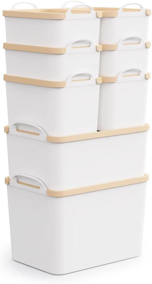 FITYE-KY 8 Packs Plastic Storage Bins with Lids Storage Organizing Containers Decorative Storage Boxes with Lids for Shelves Closet Desktop Playroom Classroom Office Drawers, White