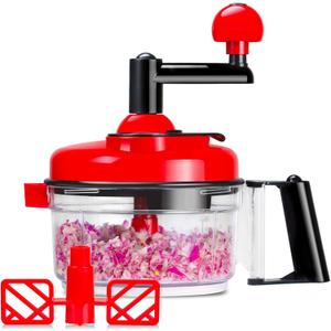 Cambom Manual Food Chopper Vegetable Chopper Hand Food Processor, Mixer, Blender, Whipper, Egg White Separator, Mincer, Grinder, Dicer with Clear Container 1200ml BPA Free Strong (Red)