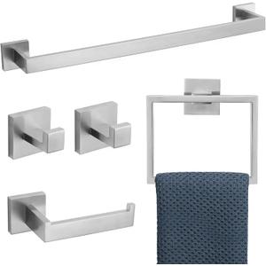 TURS 5-Piece Bathroom Hardware Set Brushed Nickel Towel Bar Set SUS304 Stainless Steel Bathroom Accessories Kit Wall Mounted. (Brushed Steel)