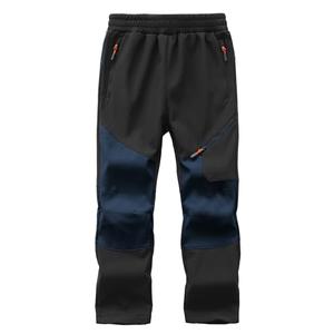 Buyboxs Kids Snow Pants Boys Waterproof Ski Pants Youth Winter Warm Fleece Lined Hiking Trousers Softshell Snowpants Black+Dark Blue-L
