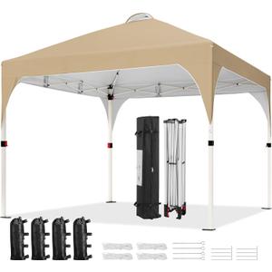 Yaheetech 10x10 Pop Up Canopy Tent with Vent, Easy Set Up Tent, Instant Sun Shelter Canopy with Wheeled Bag, 4 Sandbags, 12 Stakes & 4 Ropes, for Parties, Beach, Outdoor, Khaki
