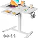 Mobile Standing Desk with Drawer, 35" Small Standing Desk with Cup Holder, Rolling Laptop Desk on Wheels, Height Adjustable Desk with Storage for Home Office, White