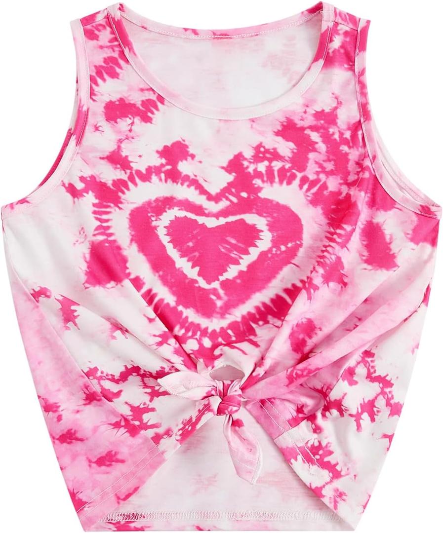 SOLY HUX Girl's Tie Dye Heart Butterfly Print Tank Top Tie Front Sleeveless Summer T Shirt Pink White Multi, 8 Years