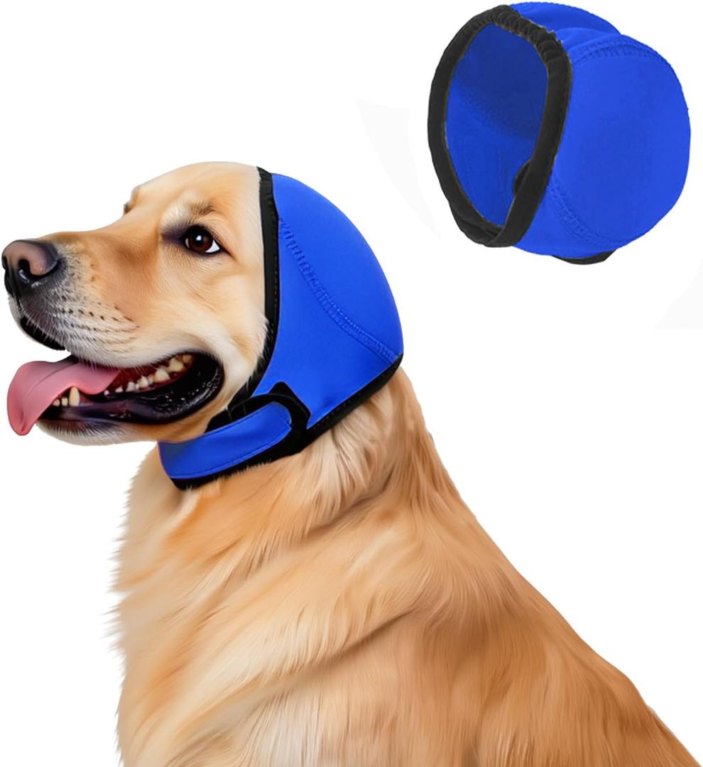Dog Ear Muffs, No Flap Ear Wrap for Hematoma, Waterproof Calming Hoodie for Bathing, Grooming, Drying & Noise Relief (Blue, M)
