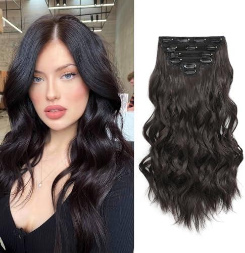 Fliace Clip in Hair Extensions, 6 PCS 1 6 Inch Hair Extensions Clip Ins, Dark Brown Long Wavy Hairpieces(16inch, 6pcs, Dark Brown)