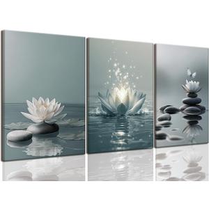AOYUSMO 3 Piece Lotus Flower Wall Art Zen Bathroom Wall Decor Spiritual Canvas Art Yoga Room Pictures Meditation Paintings Spa Artwork For Living Room Bedroom, 16x24in