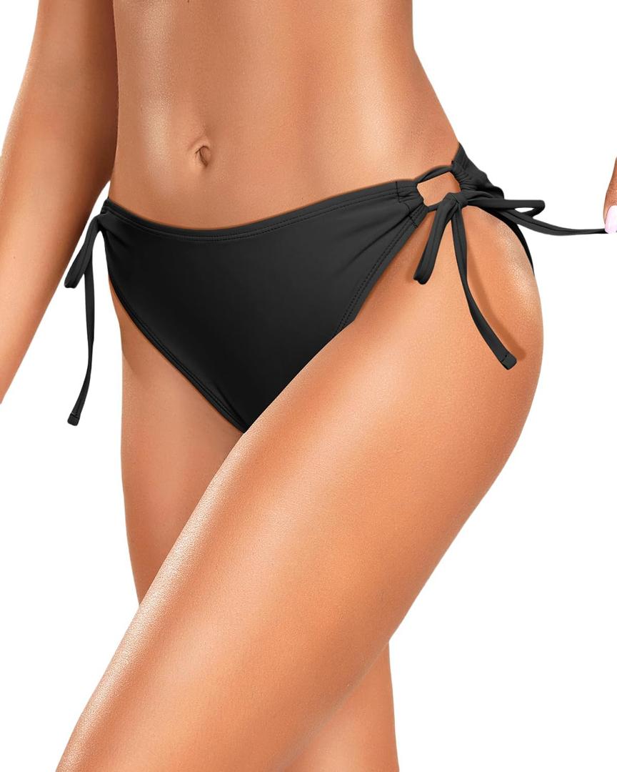 Zmart String Tie Side Bikini Bottoms - Women Full Coverage Swimsuit Bottom Mid Rise Mid Waist Swim Bathing Suit Bottom (Large, Black)