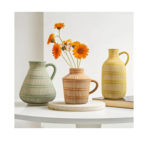 Boho Ceramic Vase Set of 3 for Living Room Bedroom Modern Yellow Brown Green Fake Flower Plant Vases for Home Decor Office Centerpieces Antique Retro Rustic Farmhouse Vintage Classic Gift