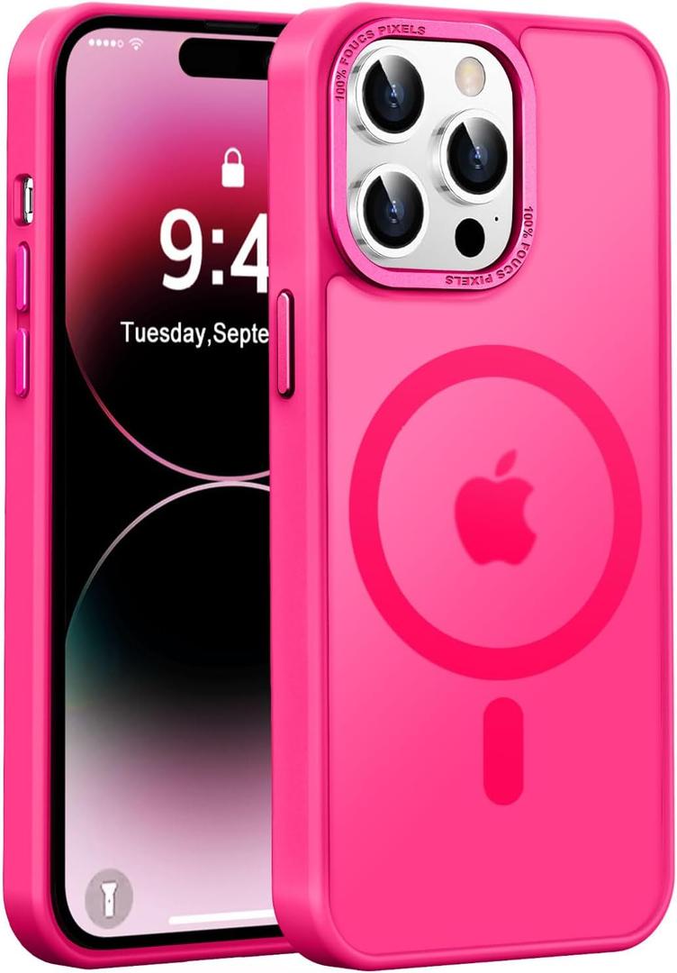 Newfuture Designed for iPhone 14 Pro Max Case with Magnetic [13 FT Military Drop Protection] [Compatible with Magsafe] Slim Translucent Matte Shockproof with Anti-Fingerprint Phone Case, Hot Pink