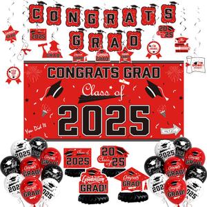 Red Themed 2025 Graduation Decorations Set - Graduation Decorations Class of 2025 include Congrats Grad Banner, Balloon, Hanging Swirl and Honeycomb, Grad Party Supplies for High School College